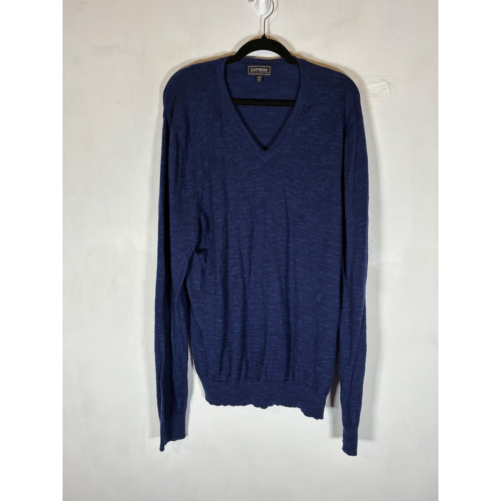 Express Men's Large Extra Fine Merino Wool Blue V Neck Sweater Lightweight